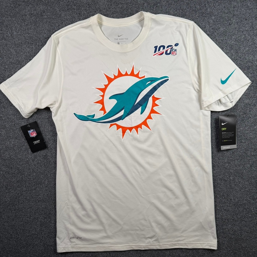 Miami Dolphins NFL 100 Nike T-Shirt Mens Large White Dri-FIT Athletic Tee